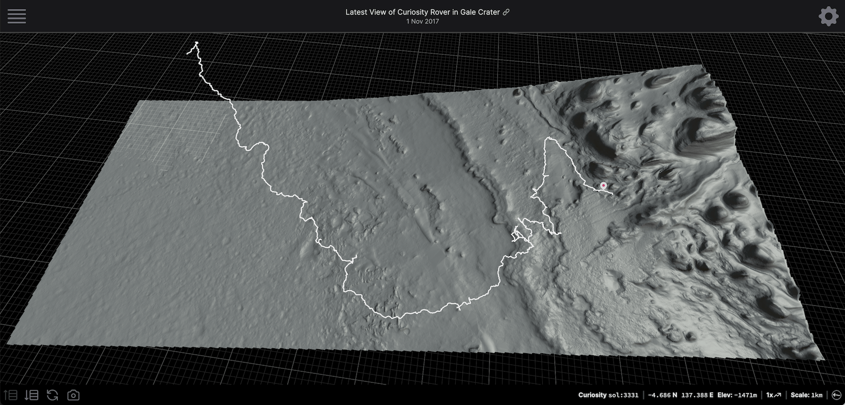 The path of the Curiosity Rover, displayed on top of a 3D model generated using HiRISE DTM ESP_040770_1755 in the current live version of AreoBrowser.