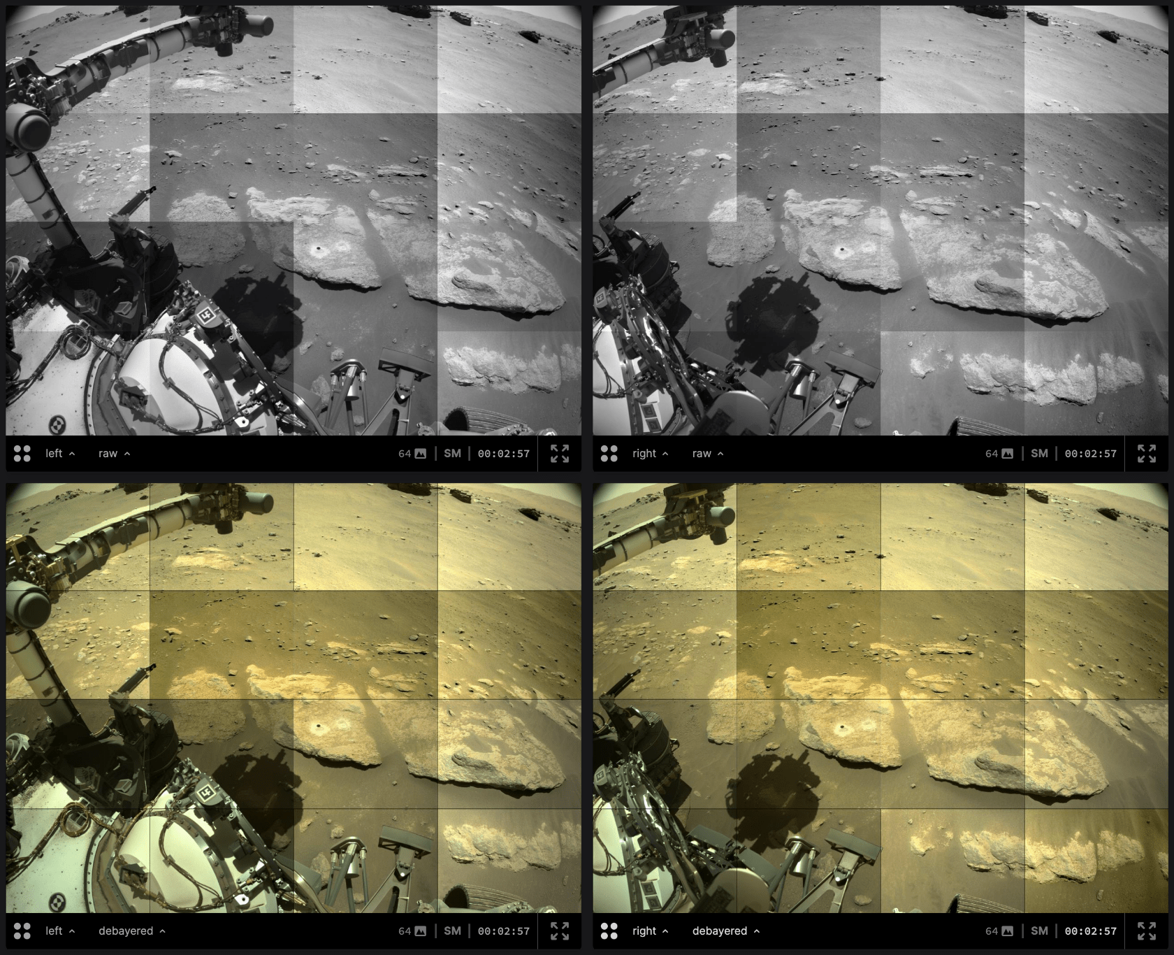 All possible combinations of sub-images for a single MosaicImage, created using data from Perseverance's Navcam. These consist of the raw and debayered versions of the Left and Right Navcam images. Each of the 16 images that make up the mosaic have 4 possible viewing modes, combining a total of 64 individual images into one, single, easily viewable frame.
