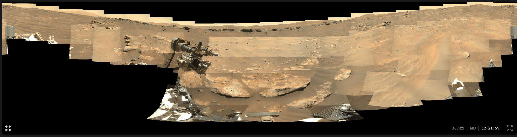 An example grouping of 368 images from the RSS feed, presented in a custom view that combines them into a single stitched panorama. These images are from Perseverance's Mastcam, and were taken on the 13th January 2022 (Sol 320).